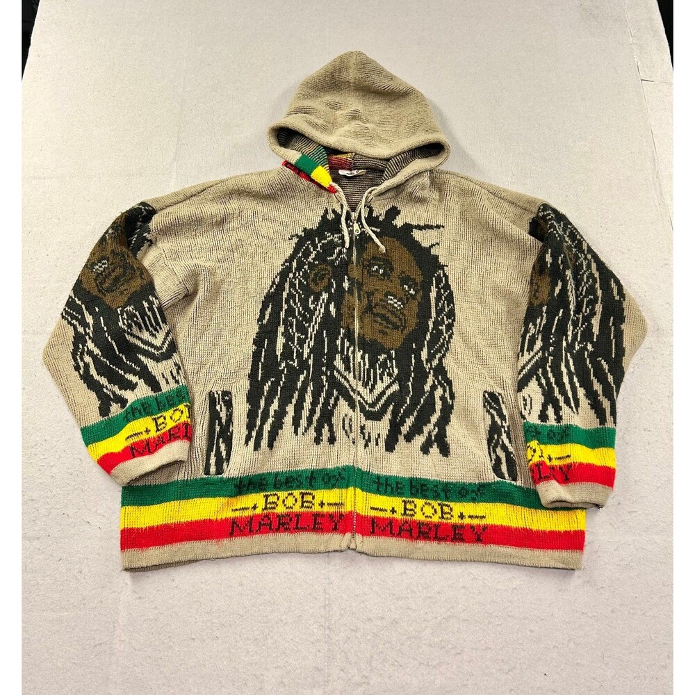 Vtg Tejidos Oversized USA Bob Marley Full Zip Hooded Sweater Jacket Wool Unisex